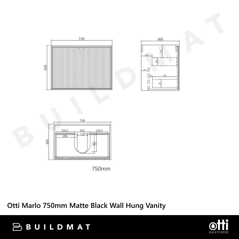Otti Marlo 750mm Matte Black Wall Hung Vanity with Natural Carrara Marble Top and Undermount Basin - Image 6