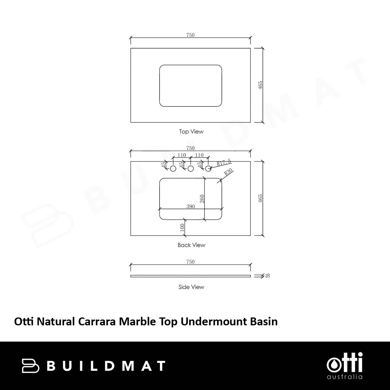 Otti Natural Carrara Marble 750x465x18 Top with Undermount Basin - Image 4