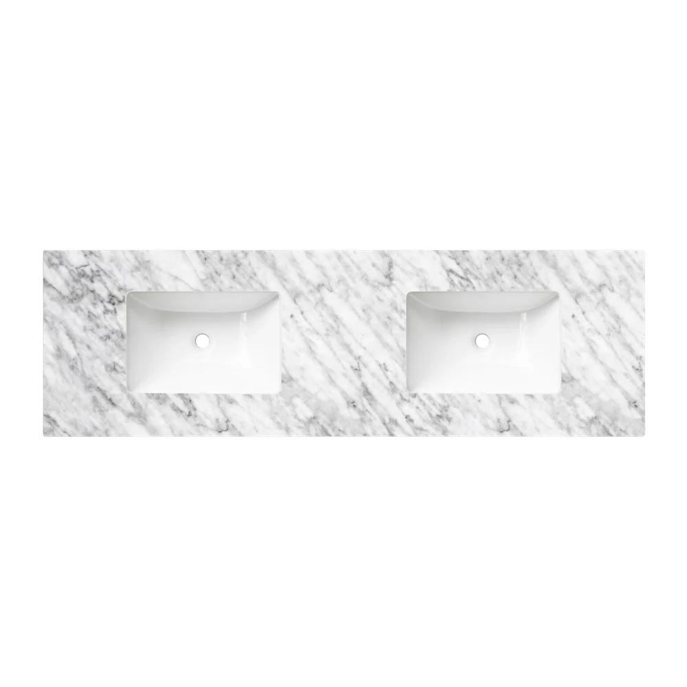 Otti Noosa 1500mm Satin White Wall Hung Vanity with Natural Carrara Marble Top and Double Bowl Undermount Basin - Image 4