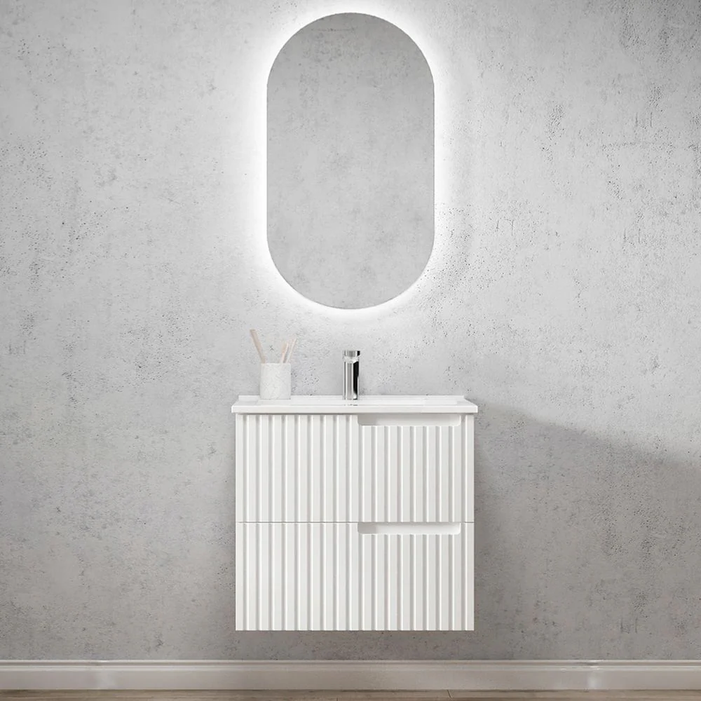 Otti Noosa 600mm Satin White Wall Hung Vanity with Natural Carrara Marble Top and Undermount Basin