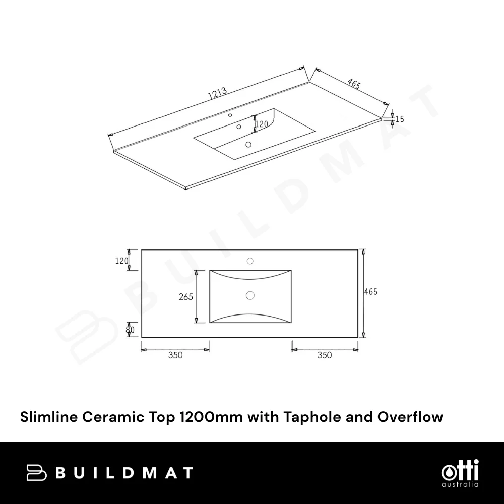 Otti Slimline Ceramic Top 1200mm with Taphole and Overflow - Image 4