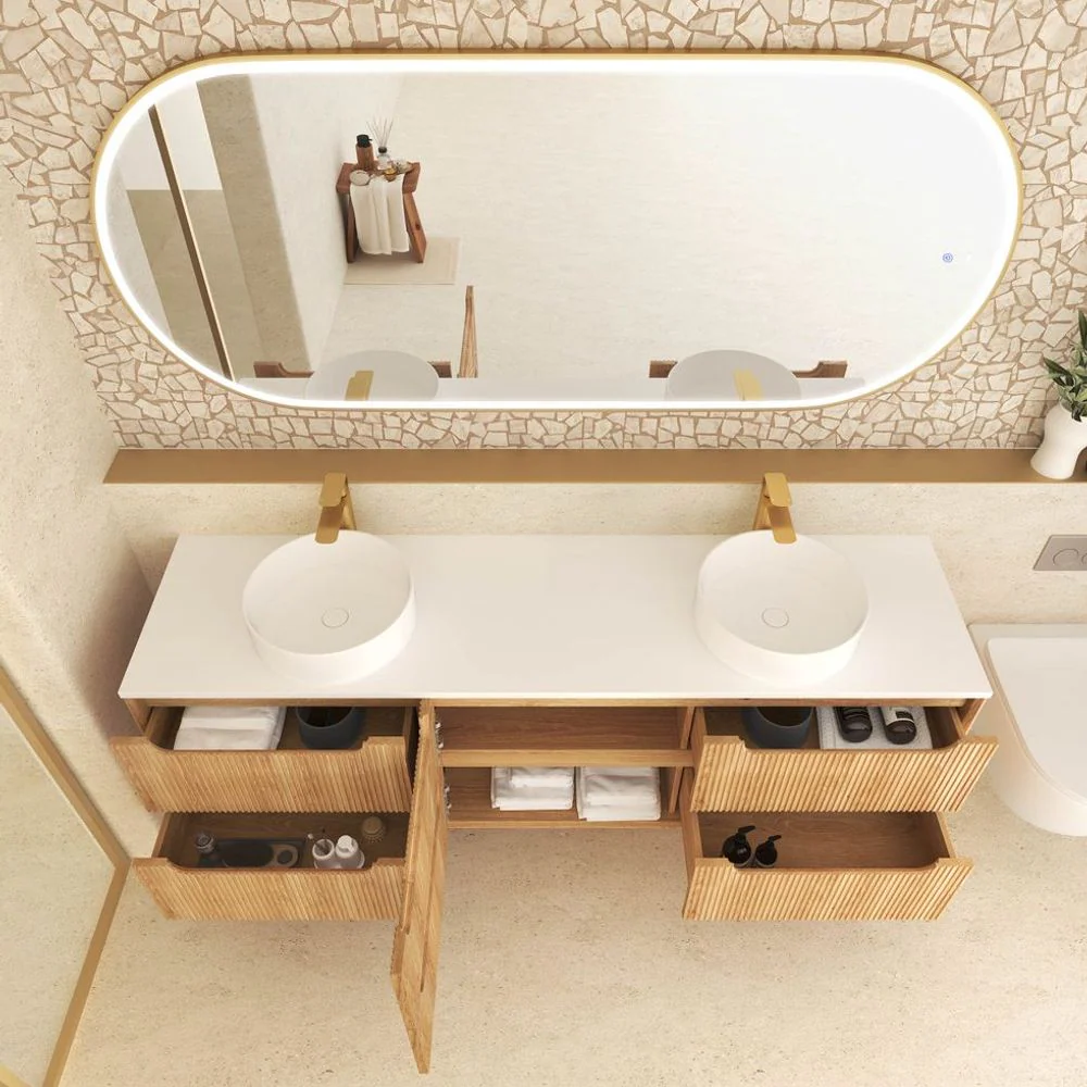 Otti Byron Fluted 1800mm Woodland Oak Wall Hung Vanity with Natural Carrara Top and Undermount Basin - Image 4
