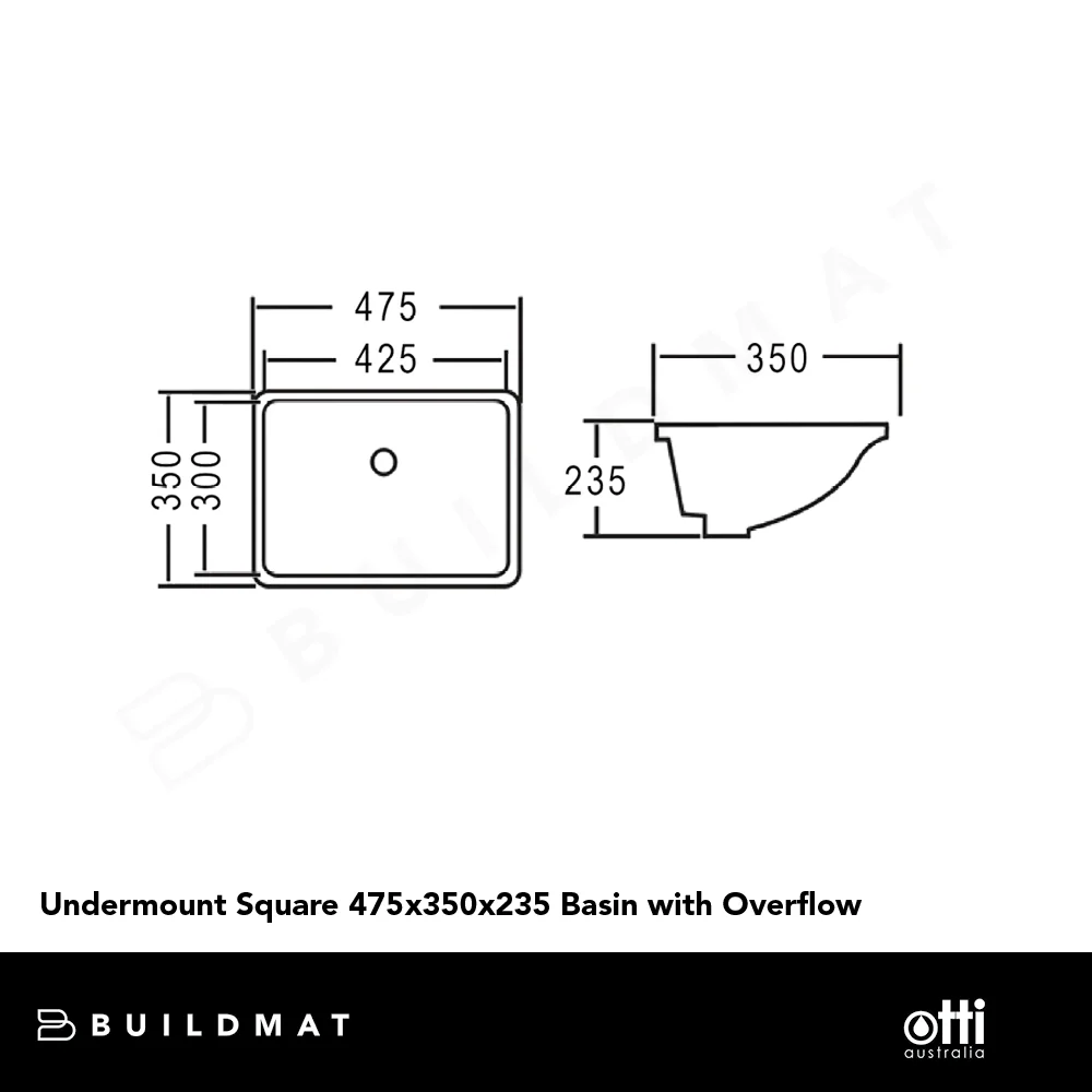 Otti Undermount Square 475x350x235 Basin with Overflow Gloss White - Image 4