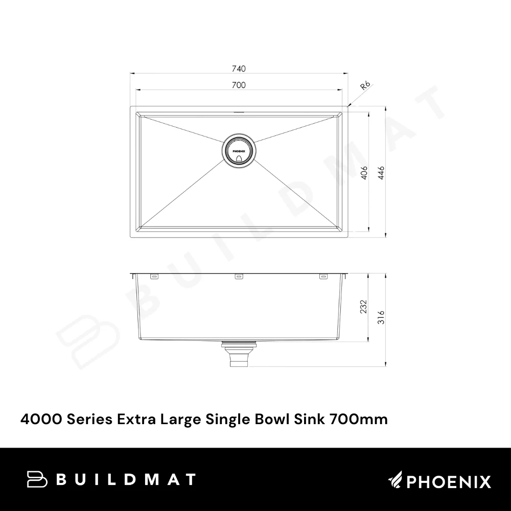 Phoenix 4000 Series Extra Large Single Bowl Sink 700mm Brushed Carbon - Image 4
