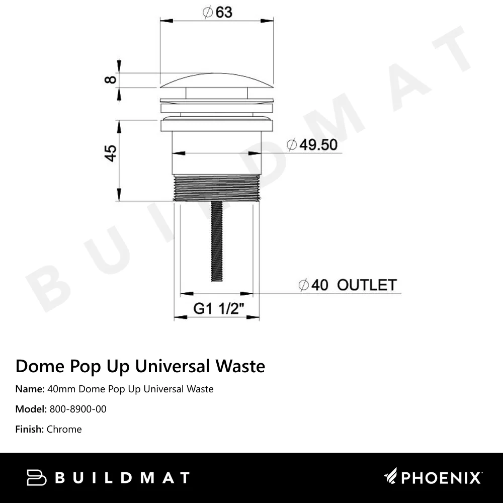 Phoenix 40mm Dome Pop Up Universal Waste Chrome - Image 4