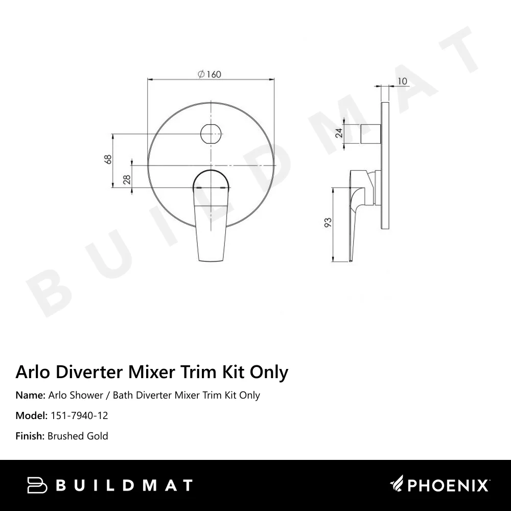 Phoenix Arlo Shower / Bath Diverter Mixer (Trim Kit Only) Brushed Gold - Image 4