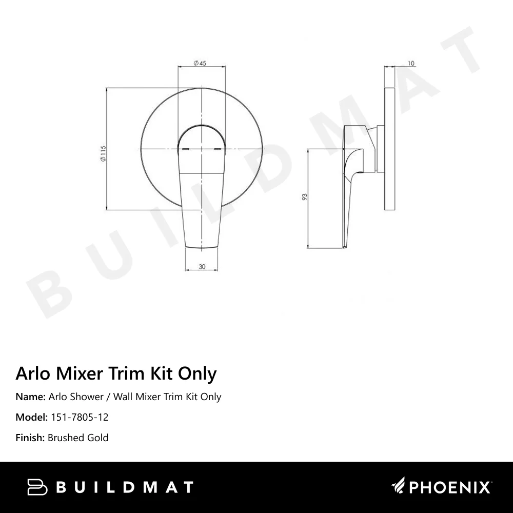 Phoenix Arlo Shower / Wall Mixer (Trim Kit Only) Brushed Gold - Image 4