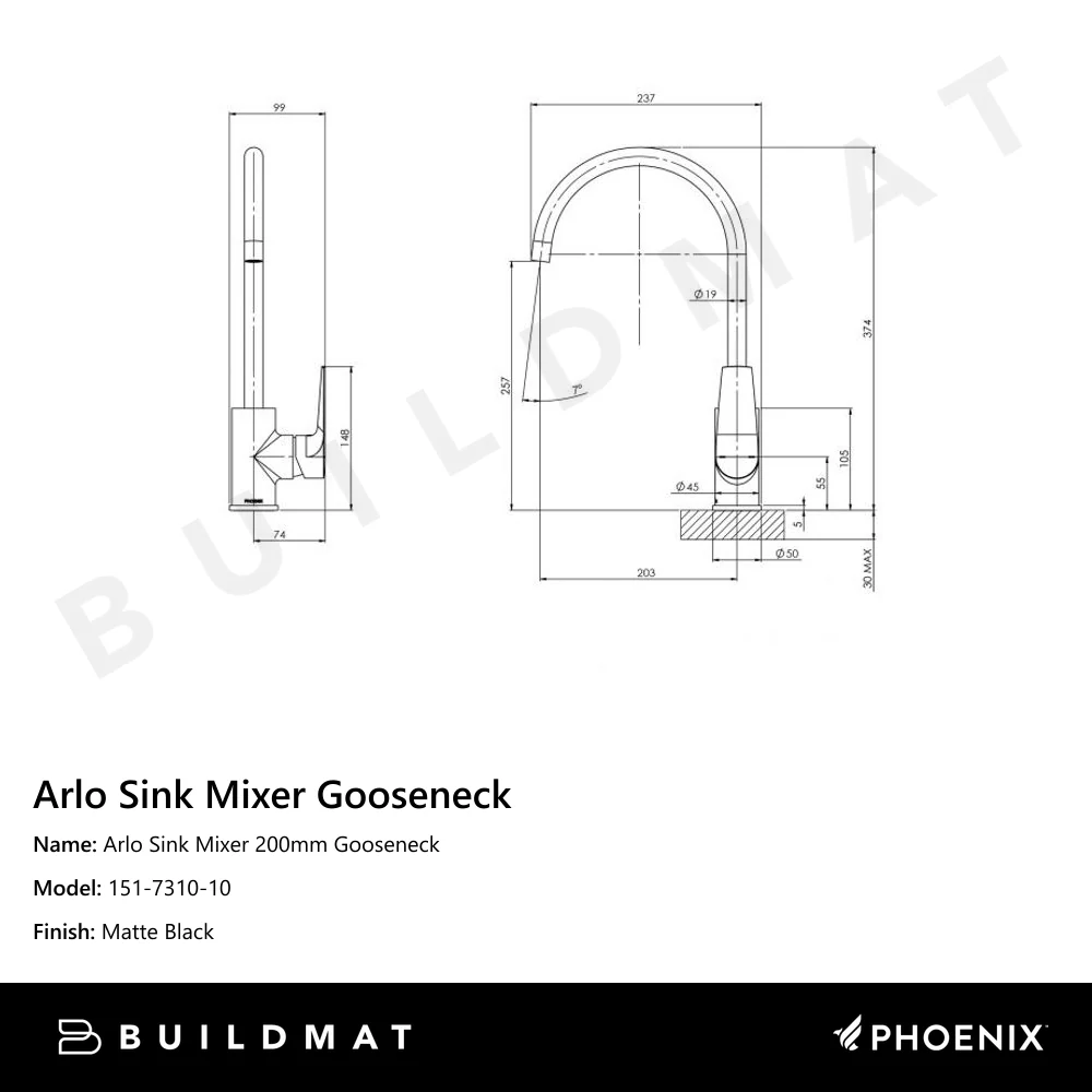 Phoenix Arlo Sink Mixer 200mm Gooseneck Matte Black - Image 4