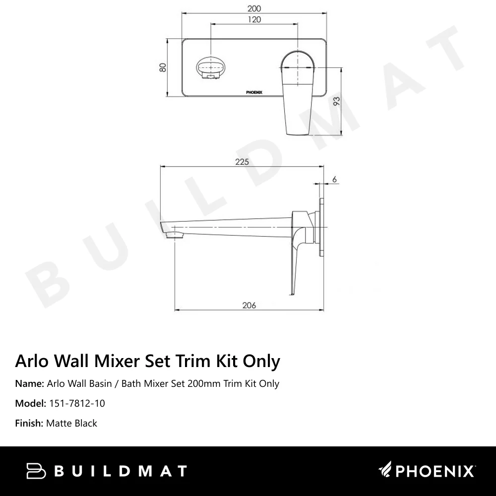Phoenix Arlo Wall Basin / Bath Mixer Set 200mm (Trim Kit Only) Matte Black - Image 4