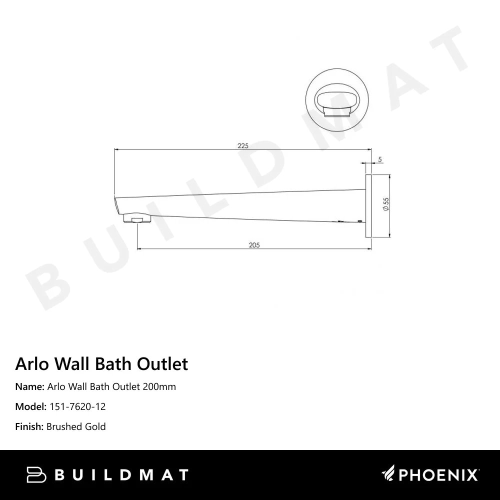 Phoenix Arlo Wall Bath Outlet 200mm Brushed Gold - Image 4
