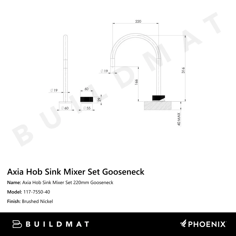Phoenix Axia Hob Sink Mixer Set 220mm Gooseneck Brushed Nickel - Image 4