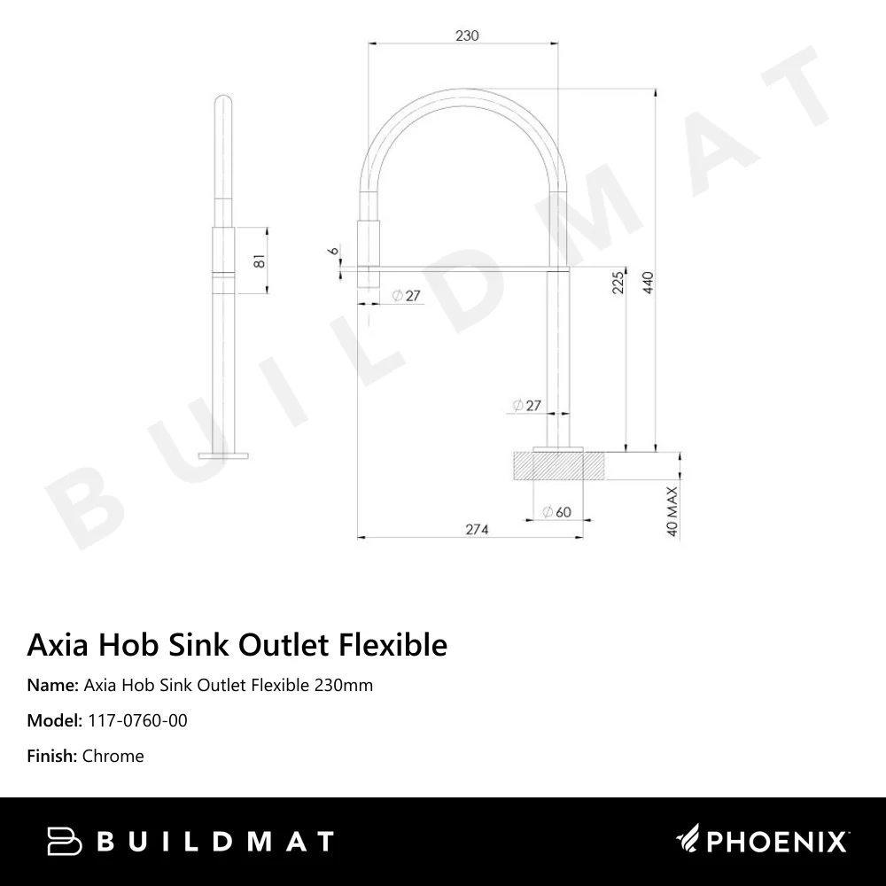 Phoenix Axia Hob Sink Outlet Flexible Hose 230mm Chrome - Image 4