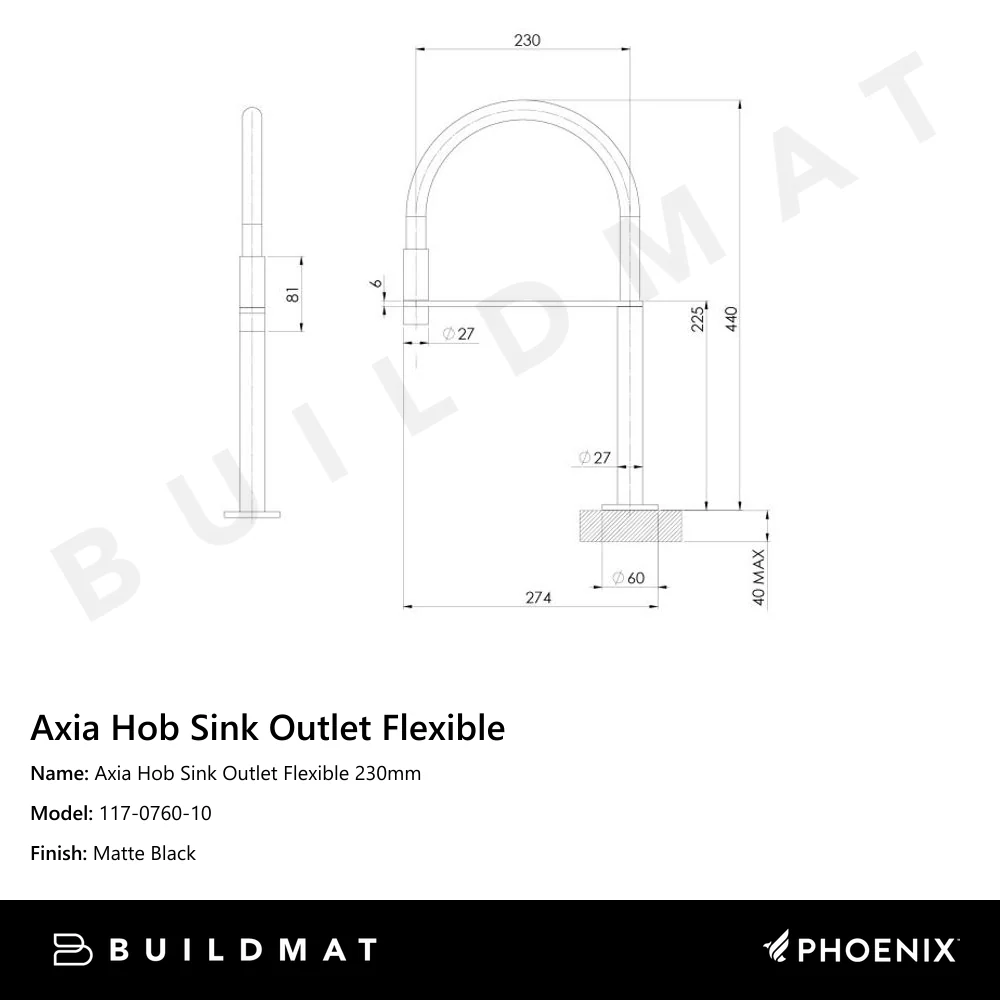 Phoenix Axia Hob Sink Outlet Flexible Hose 230mm Matte Black - Image 4
