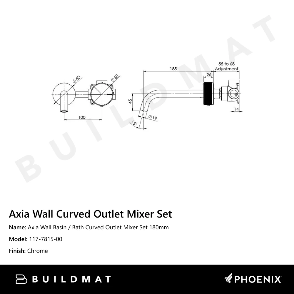 Phoenix Axia Wall Basin/Bath Curved Outlet Mixer Set 180mm Chrome - Image 4