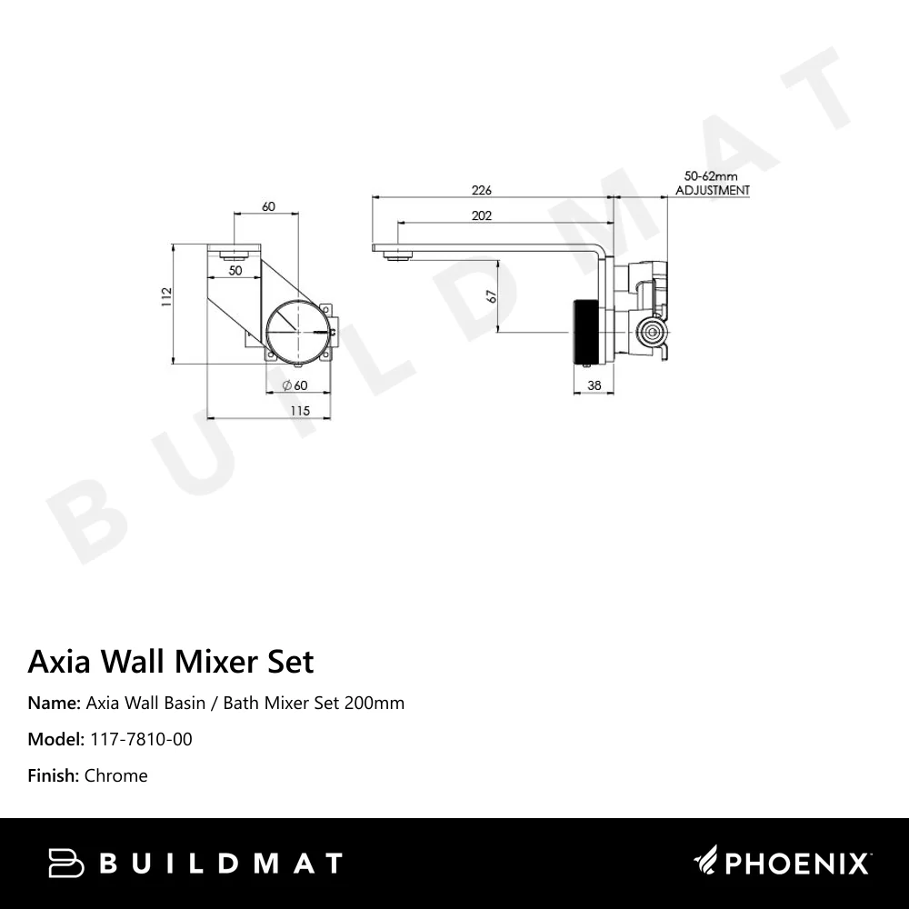 Phoenix Axia Wall Basin / Bath Mixer Set 200mm Chrome - Image 4