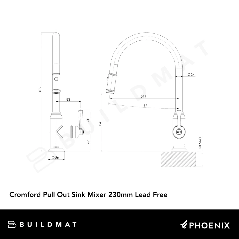 Phoenix Cromford Pull Out Sink Mixer 230mm Brushed Nickel Lead Free - Image 4