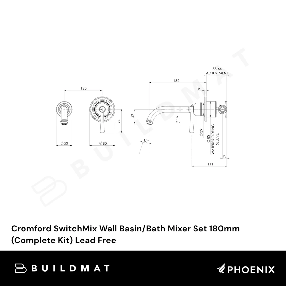 Phoenix Cromford SwitchMix Wall Basin/Bath Mixer Set 180mm (Complete Kit) Matte Black Lead Free - Image 4