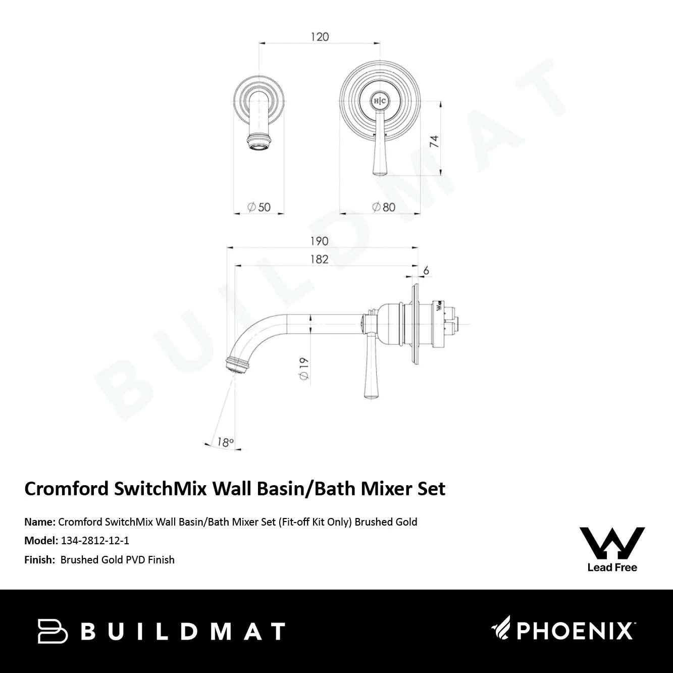 Phoenix Cromford SwitchMix Wall Basin/Bath Mixer Set (Fit-Off Kit) Lead Free Brushed Gold - Image 4