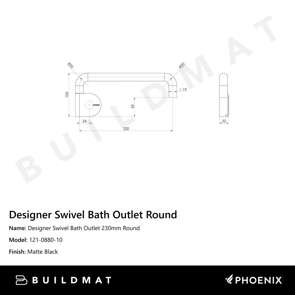 Phoenix Designer Swivel Bath Outlet 230mm Round Matte Black - Image 4