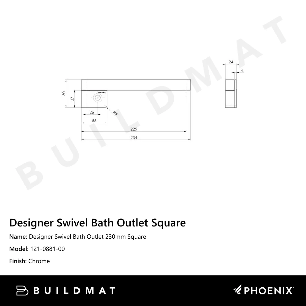 Phoenix Designer Swivel Bath Outlet 230mm Square Chrome - Image 4