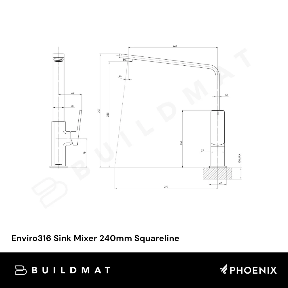 Phoenix Enviro316 Sink Mixer 240mm Squareline Stainless Steel Lead Free - Image 4