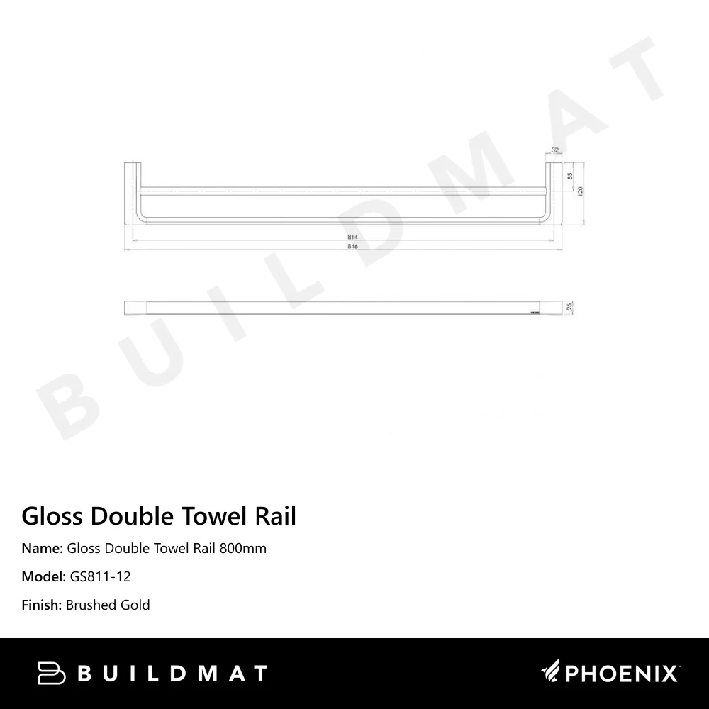 Phoenix Gloss Double Towel Rail 800mm Brushed Gold - Image 4