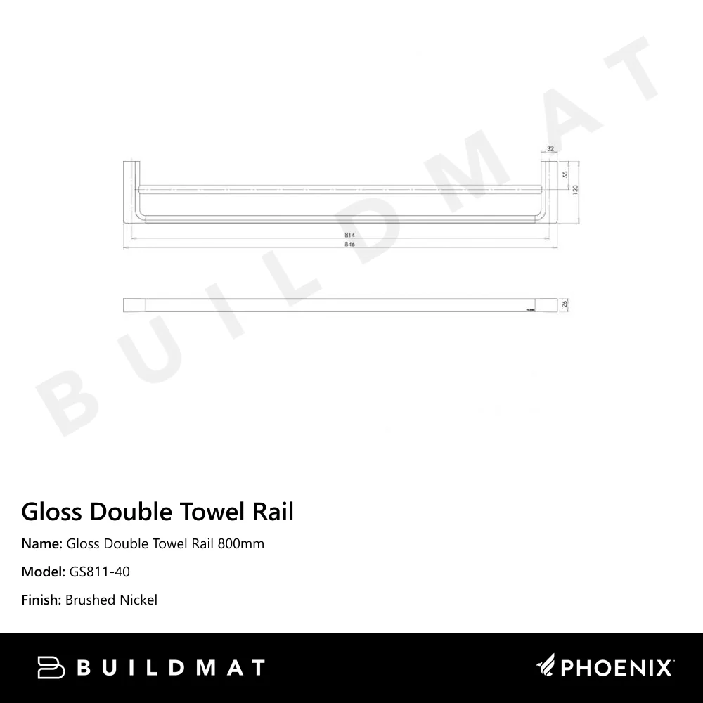Phoenix Gloss Double Towel Rail 800mm Brushed Nickel - Image 4