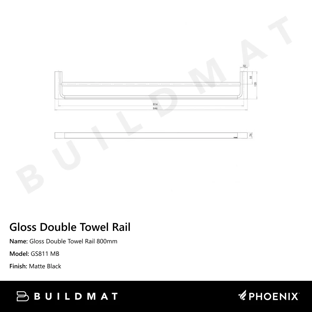Phoenix Gloss Double Towel Rail 800mm Matte Black - Image 4