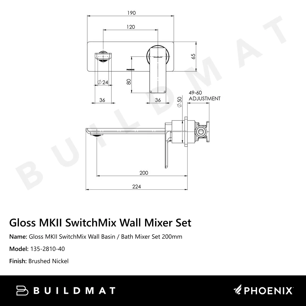 Phoenix Gloss MKII SwitchMix Wall Basin / Bath Mixer Set 200mm (Complete Kit) Brushed Nickel Lead Free - Image 4
