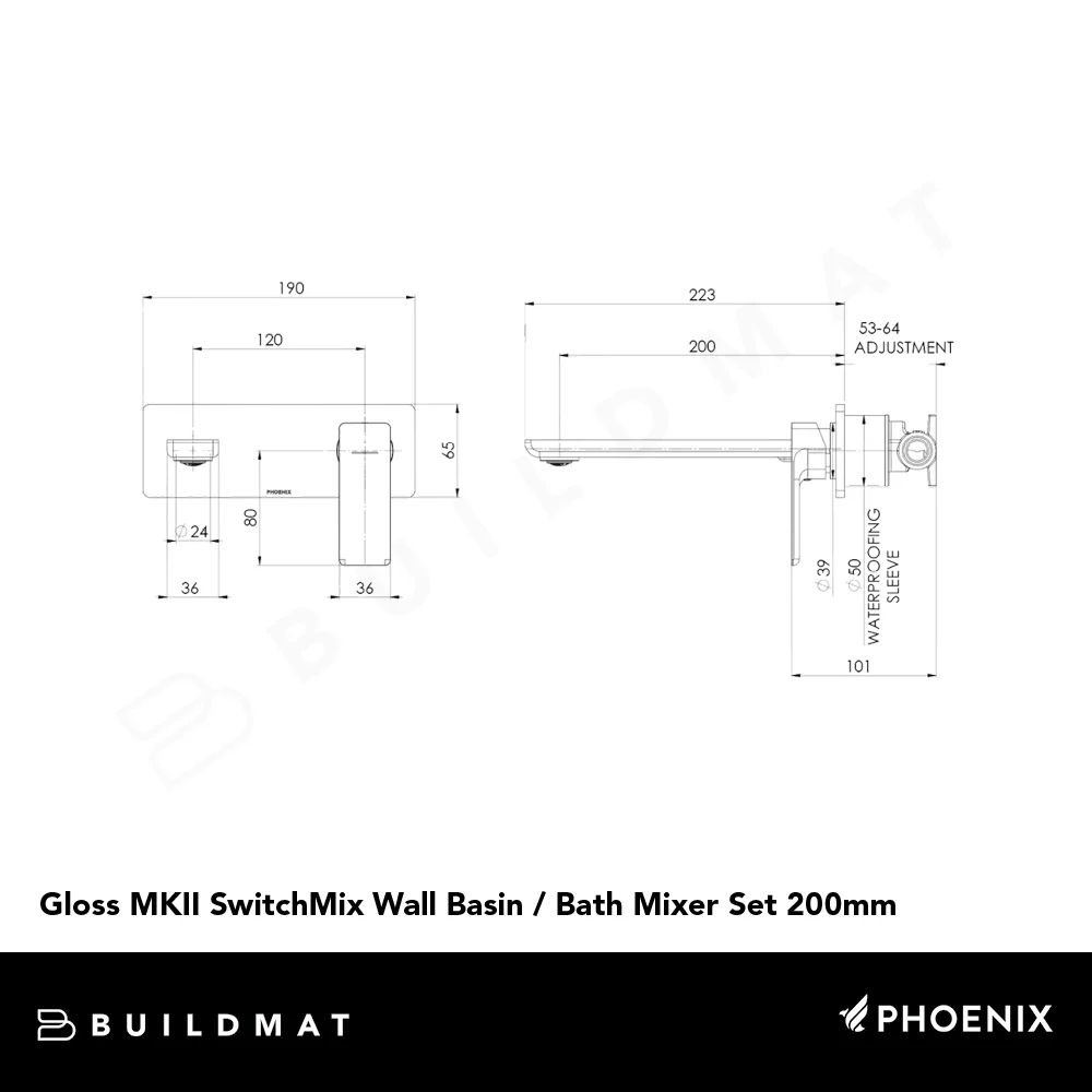 Phoenix Gloss MKII SwitchMix Wall Basin/Bath Mixer Set 200mm (Complete Kit) Lead Free Chrome - Image 4