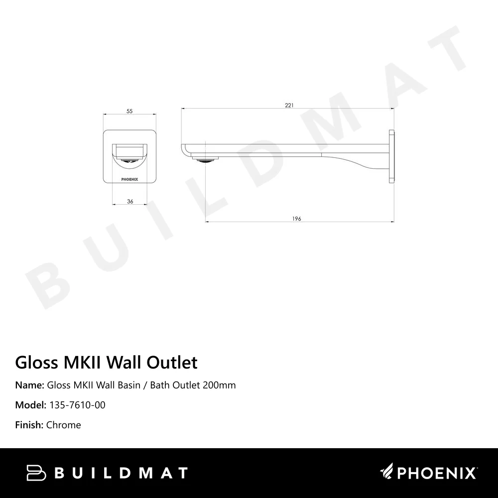 Phoenix Gloss MKII Wall Basin / Bath Outlet 200mm Chrome - Image 4