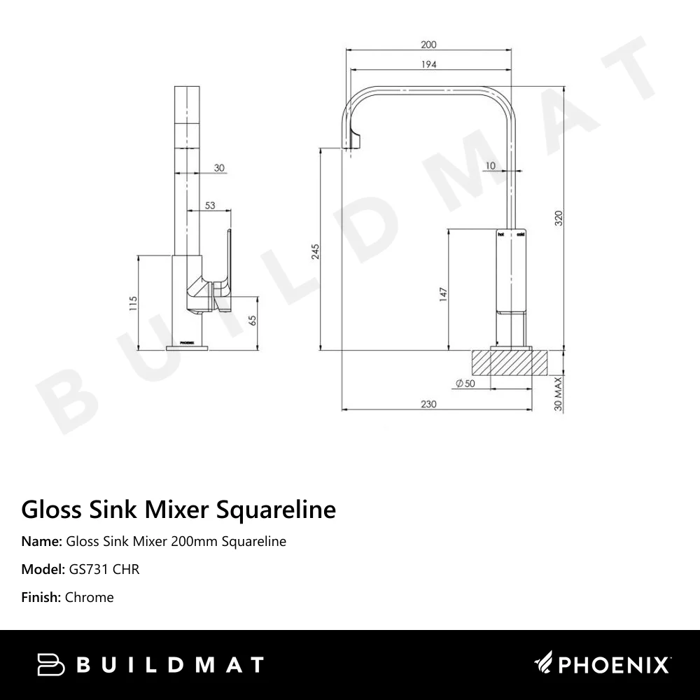 Phoenix Gloss Sink Mixer 200mm Squareline Chrome - Image 4