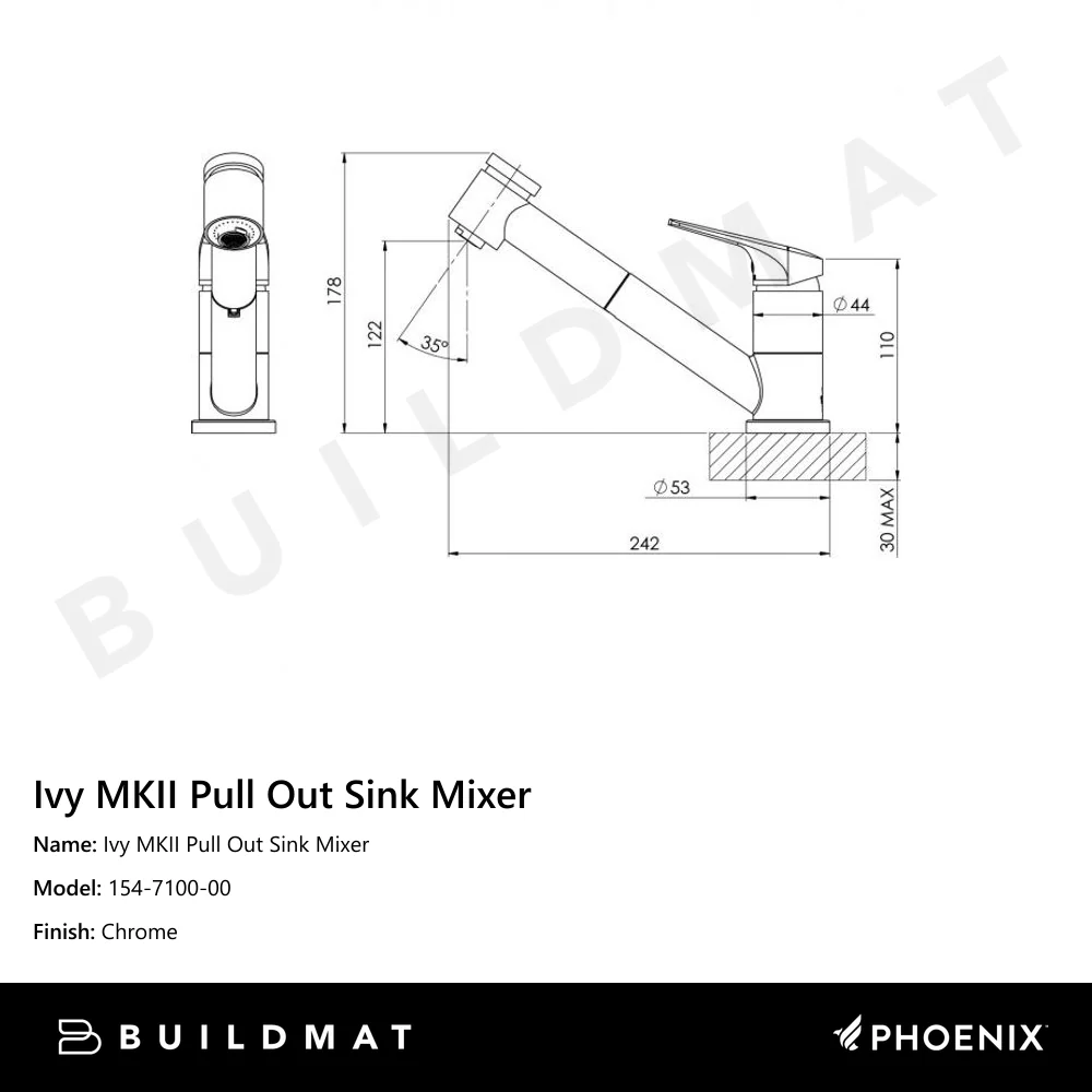 Phoenix Ivy MKII Pull Out Sink Mixer with Veggie Spray Chrome - Image 4