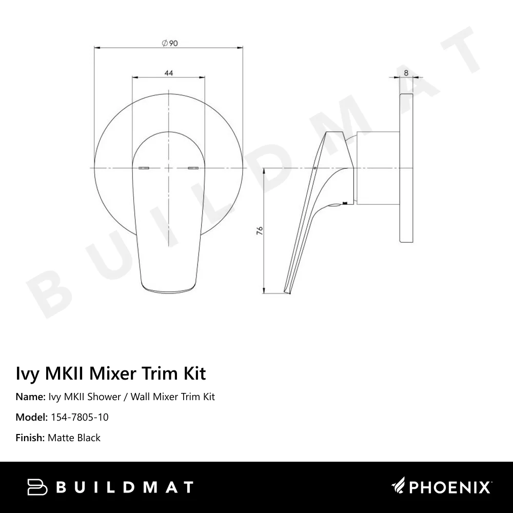 Phoenix Ivy MKII Shower / Wall Mixer (Trim Kit Only) Matte Black - Image 4