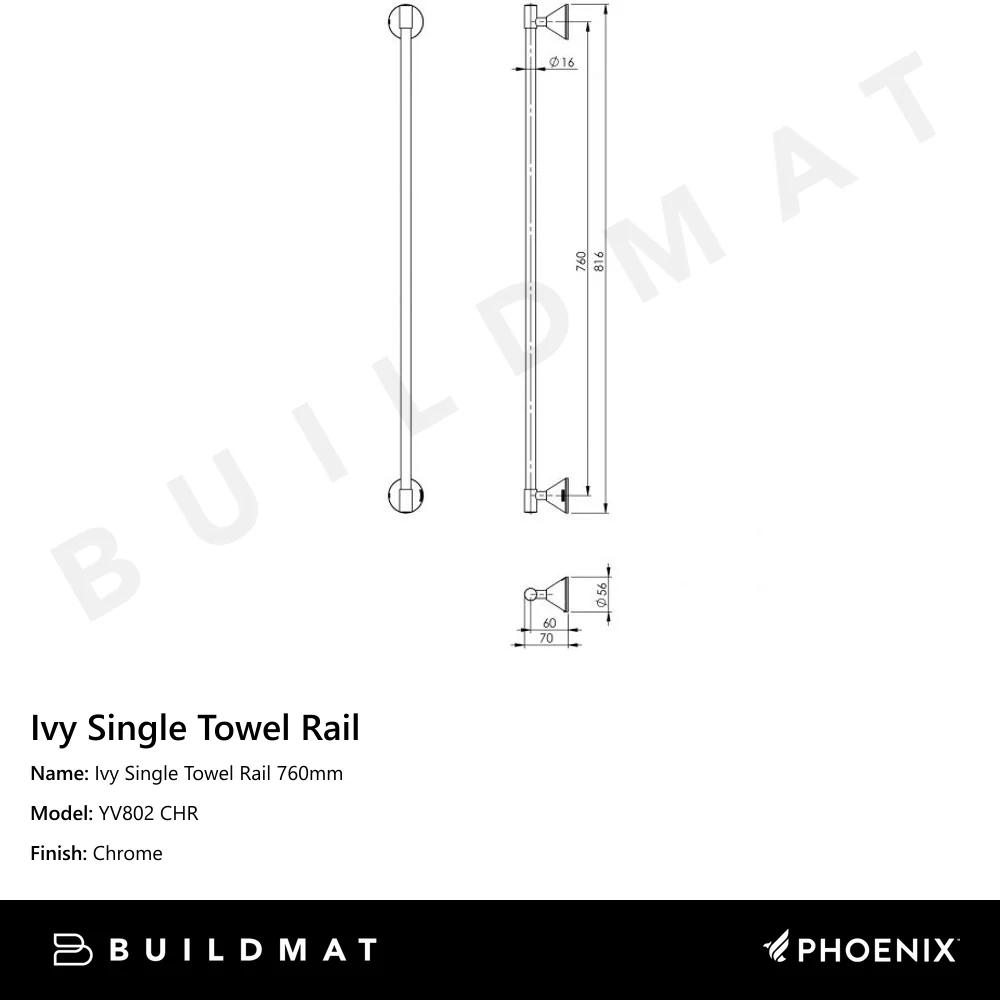 Phoenix Ivy Single Towel Rail 760mm Chrome - Image 4