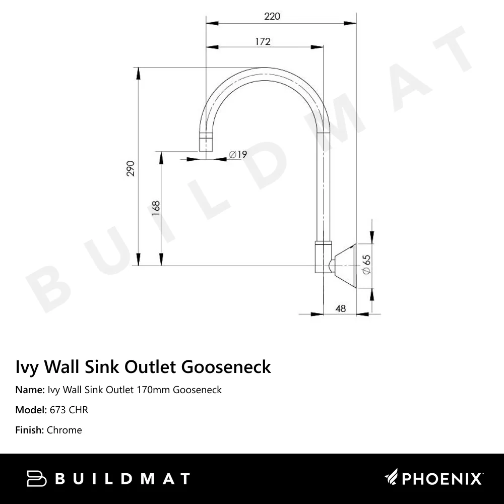 Phoenix Ivy Wall Sink Outlet 170mm Gooseneck Chrome - Image 4