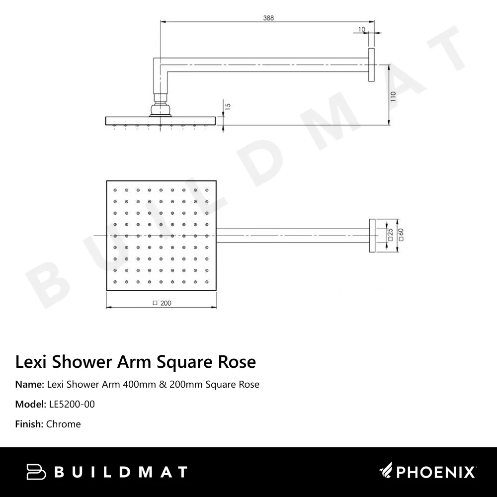 Phoenix Lexi Shower Arm 400mm & 200mm Square Rose Chrome - Image 4