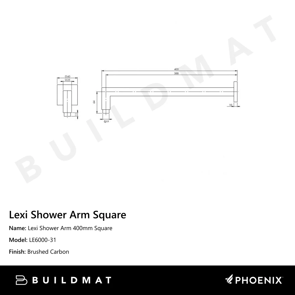 Phoenix Lexi Shower Arm 400mm Square Brushed Carbon - Image 4