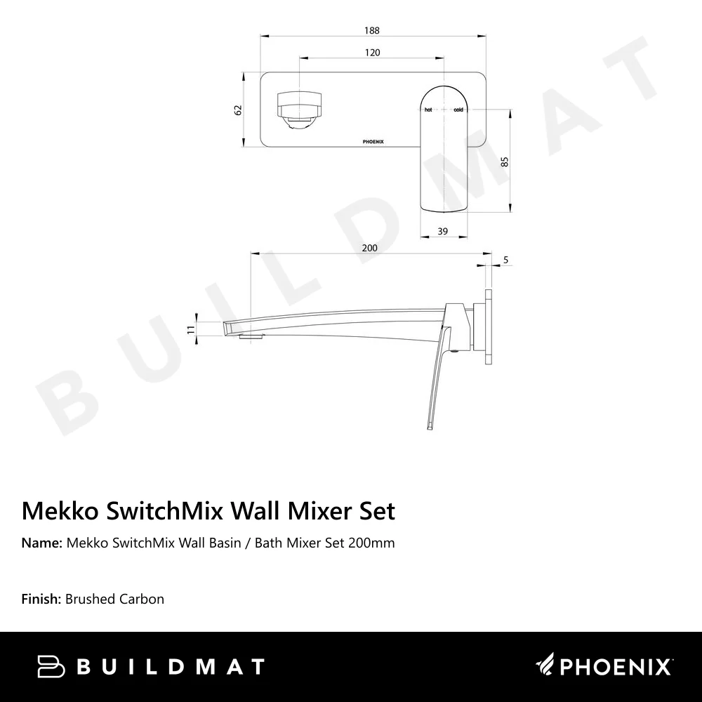 Phoenix Mekko SwitchMix Wall Basin / Bath Mixer Set 200mm Fit-Off Kit Brushed Carbon - Image 4