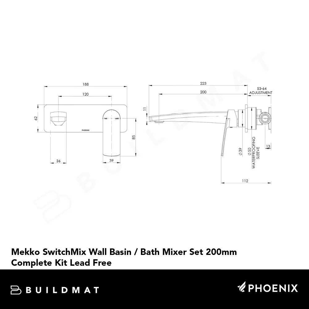 Phoenix Mekko SwitchMix Wall Basin/Bath Mixer Set 200mm (Complete Kit) Lead Free Matte Black - Image 4
