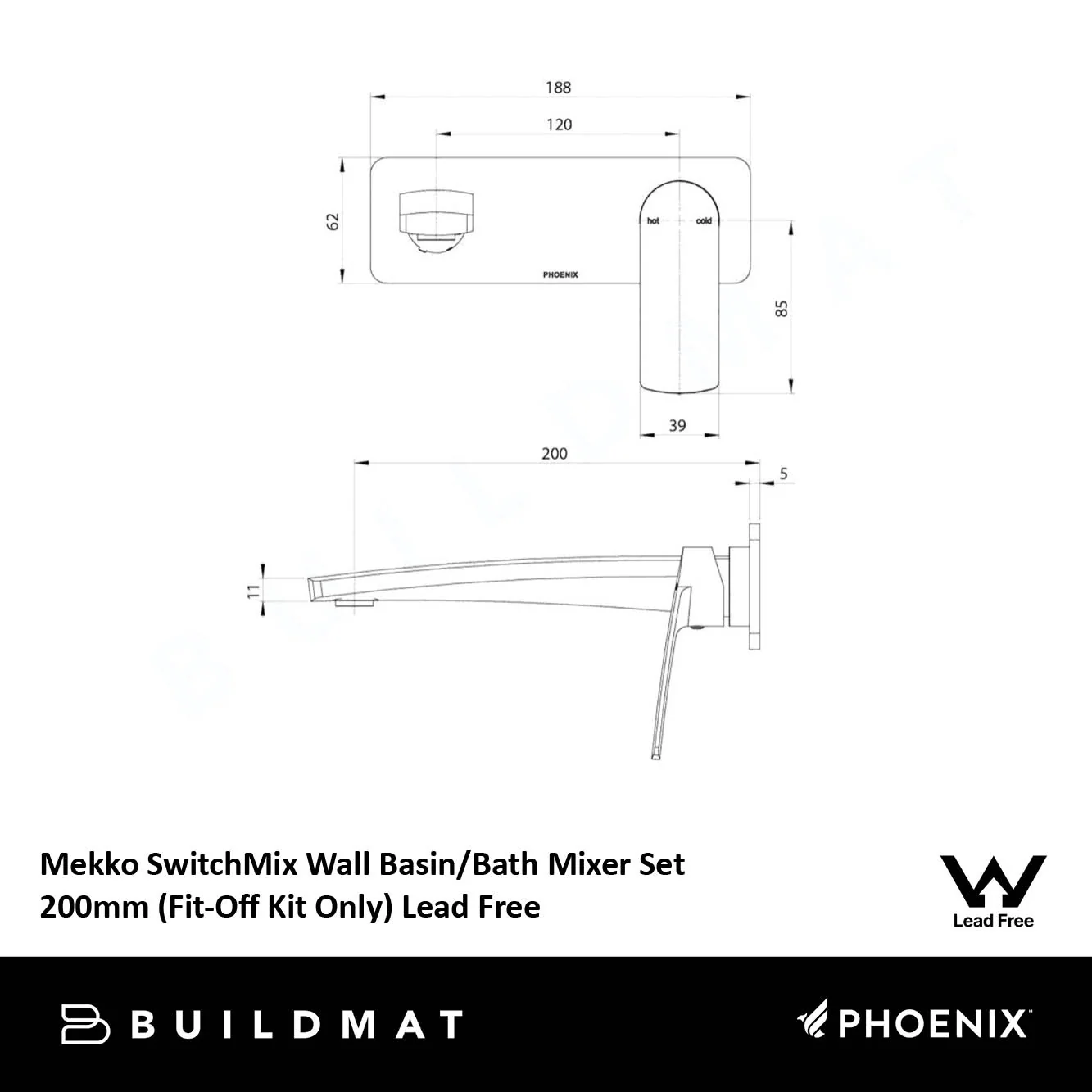 Phoenix Mekko SwitchMix Wall Basin/Bath Mixer Set 200mm (Fit-Off Kit) Lead Free Brushed Nickel - Image 4
