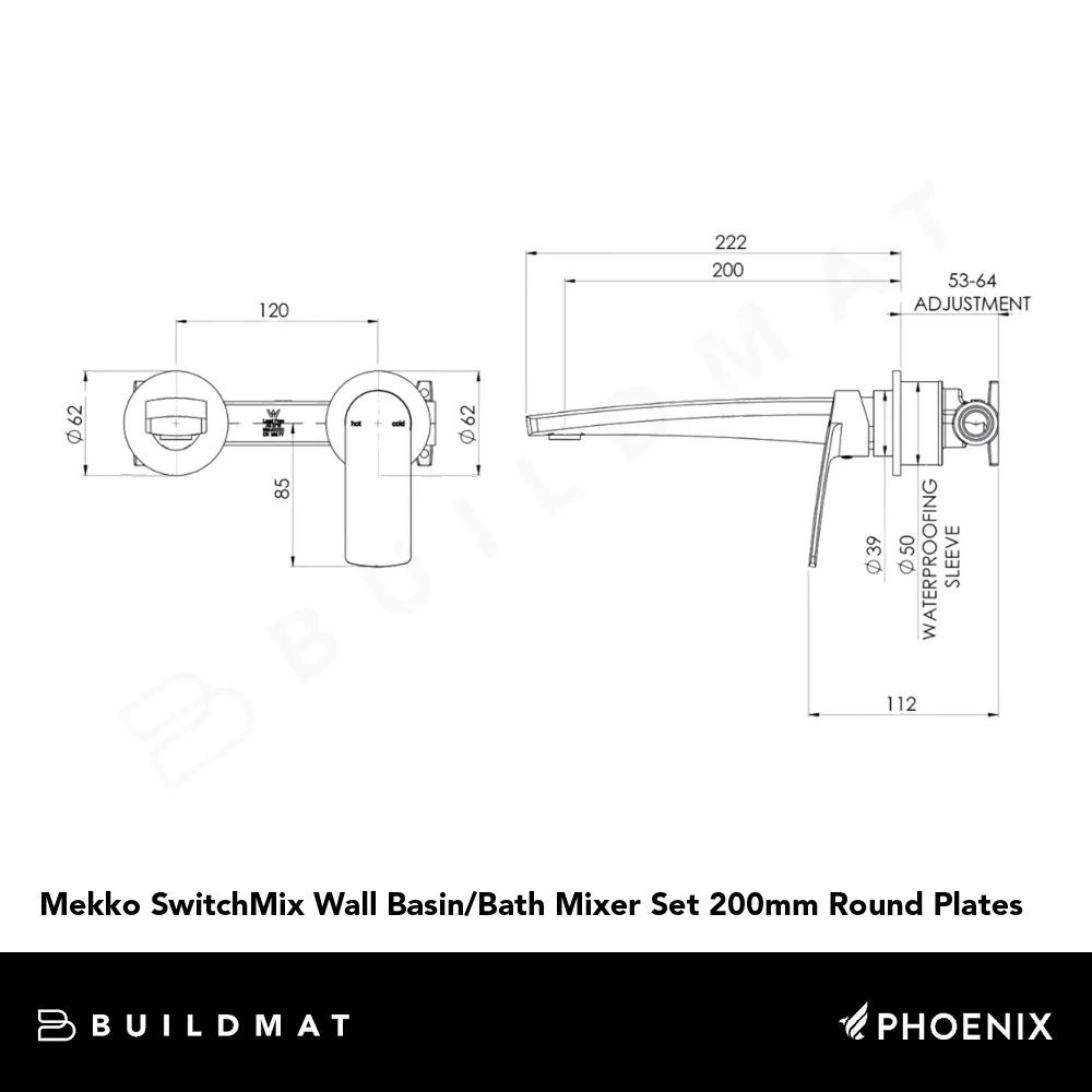 Phoenix Mekko SwitchMix Wall Basin/Bath Mixer Set 200mm Round Plates (Fit-Off Kit) Lead Free Brushed Nickel - Image 4