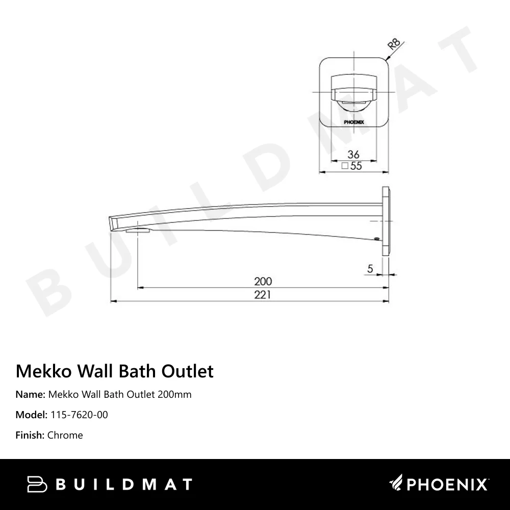 Phoenix Mekko Wall Bath Outlet 200mm Chrome - Image 4