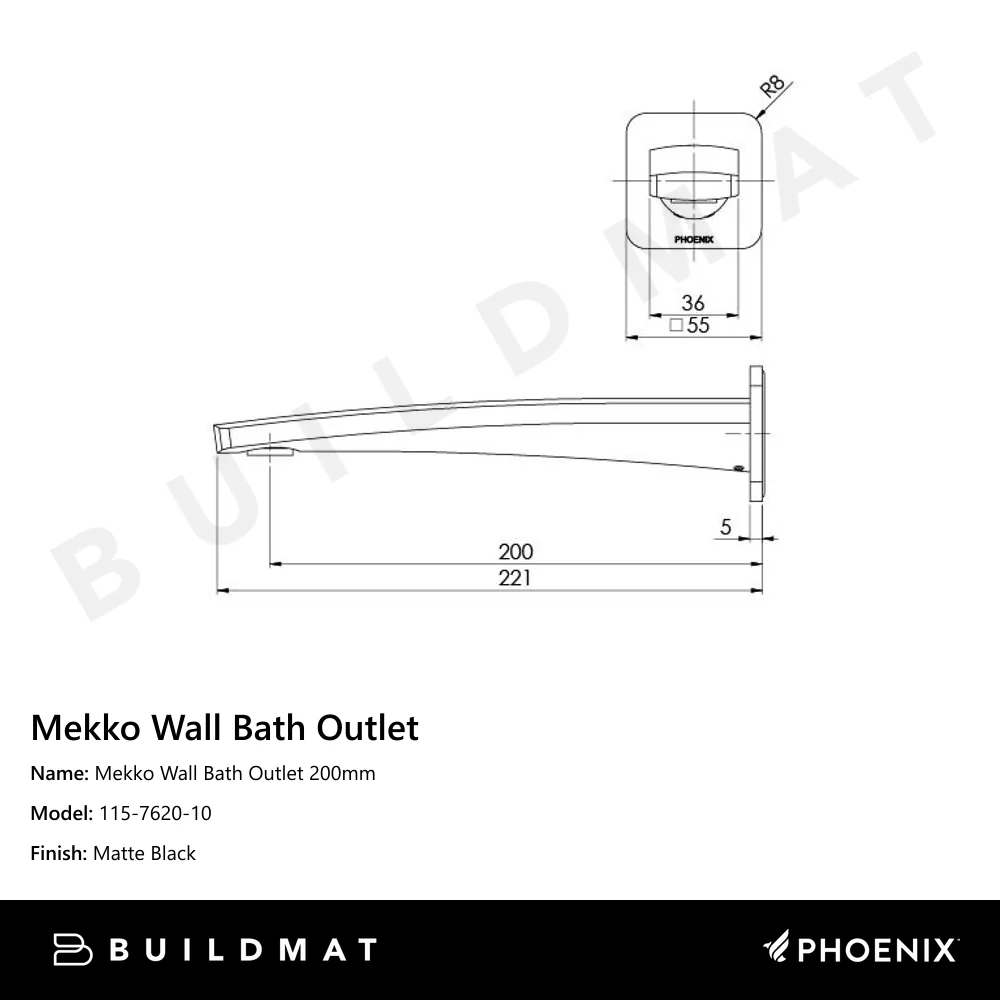 Phoenix Mekko Wall Bath Outlet 200mm Matte Black - Image 4