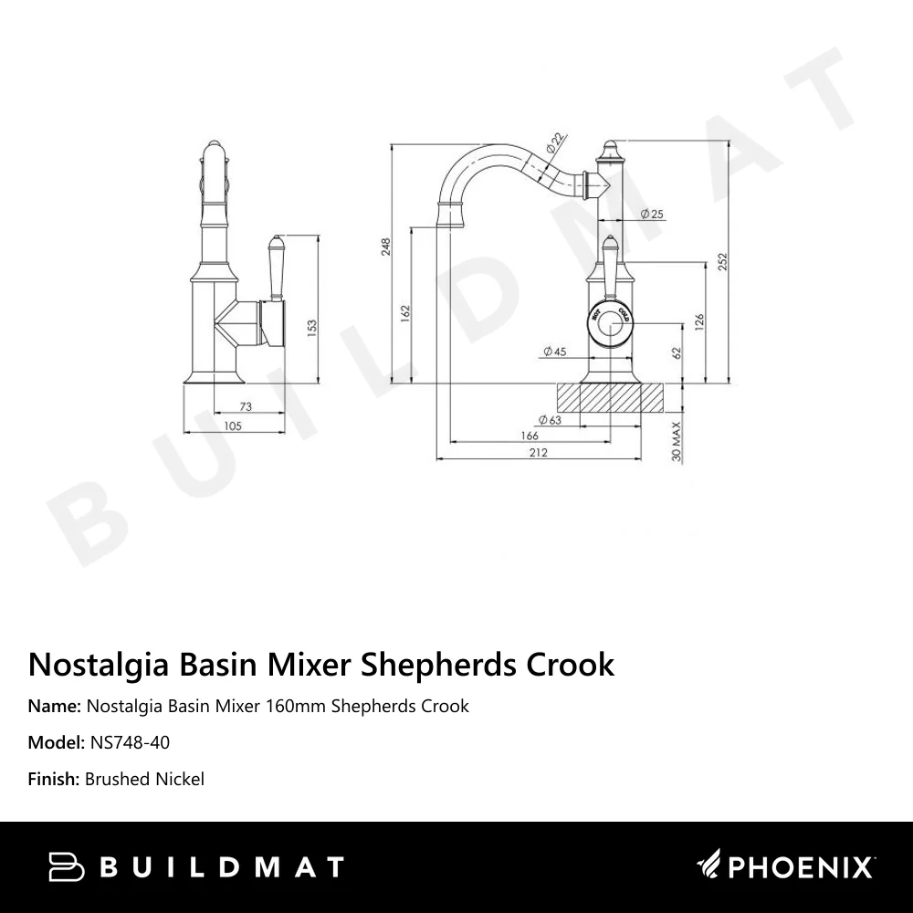 Phoenix Nostalgia Basin Mixer 160mm Shepherds Crook Brushed Nickel - Image 4