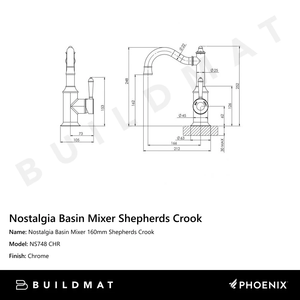 Phoenix Nostalgia Basin Mixer 160mm Shepherds Crook Chrome - Image 4