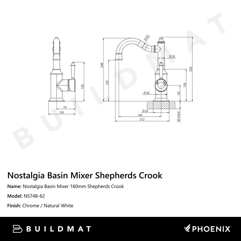 Phoenix Nostalgia Basin Mixer 160mm Shepherds Crook Chrome White - Image 4