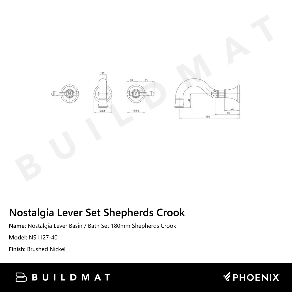 Phoenix Nostalgia Lever Basin / Bath Set 180mm Shepherds Crook Brushed Nickel - Image 4
