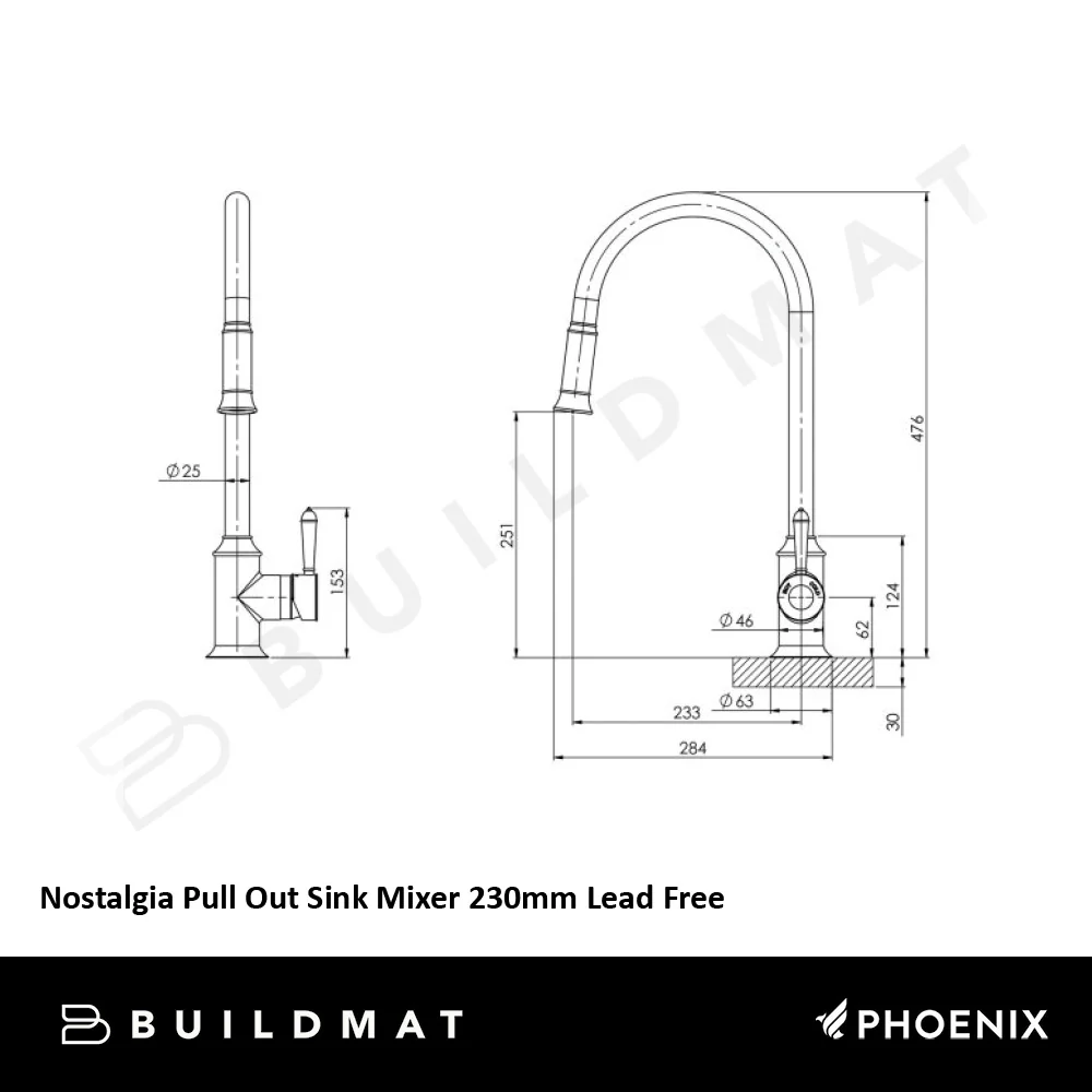 Phoenix Nostalgia Pull Out Sink Mixer 230mm Lead Free Chrome - Image 4