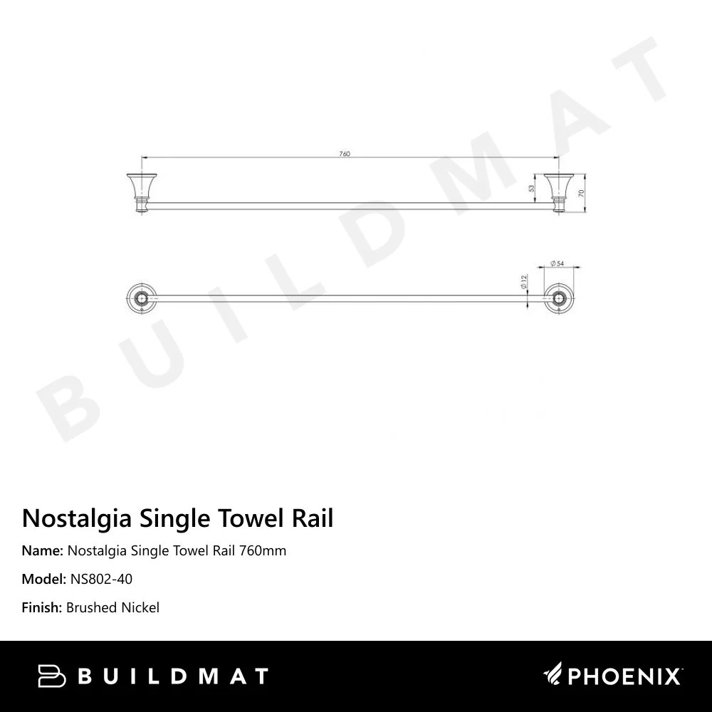 Phoenix Nostalgia Single Towel Rail 760mm Brushed Nickel - Image 4